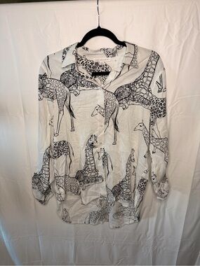 Jane and Delancey White Button-Down Shirt with Black Giraffe Print